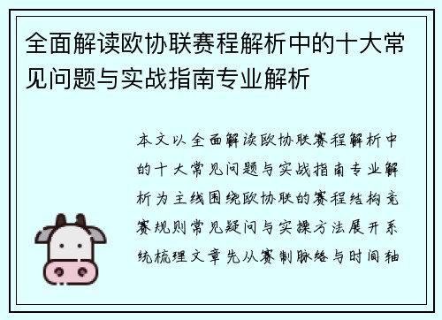 全面解读欧协联赛程解析中的十大常见问题与实战指南专业解析