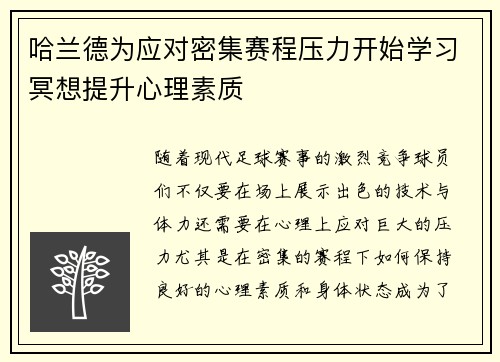 哈兰德为应对密集赛程压力开始学习冥想提升心理素质